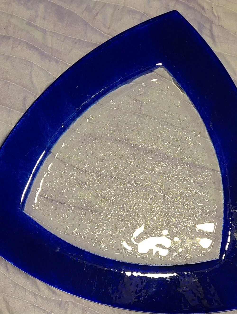 Cobalt and Clear Pebbled Glass Triangular Plate Art Glass Made in Japan 12.75